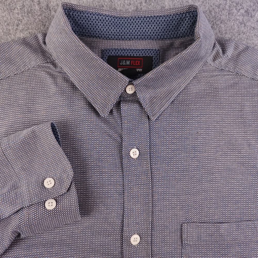 Johnston Murphy J&M Flex Shirt Mens Large Blue Micro Check Long Sleeve Button Up
